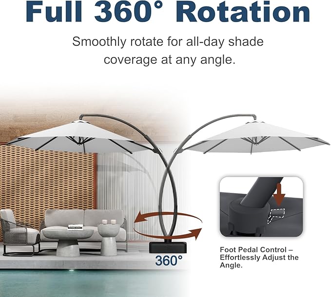 12FT Cantilever Umbrella with Base Large Curvy Outdoor Aluminum Offset Umbrella w/ 360° Rotation, UV Resistant Canopy for Patio, Garden, Backyard, Light Gray