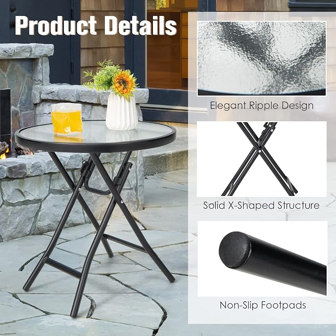 HAPPYGRILL Outdoor Side Table, Folding Small Patio Table with Tempered Glass Tabletop, Steel Frame, Round Outdoor End Table with Anti-Slip Footpads for Balcony Garden Backyard Deck Poolside