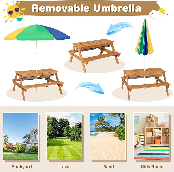 KOTEK Kids Picnic Table, 4 in 1 Sand and Water Table w/Detachable Tabletop, 2 Removable Play Boxes, Foldable & Height Adjustable Umbrella, Wood Sensory Table and Bench for Outdoors, Indoors (Colorful)