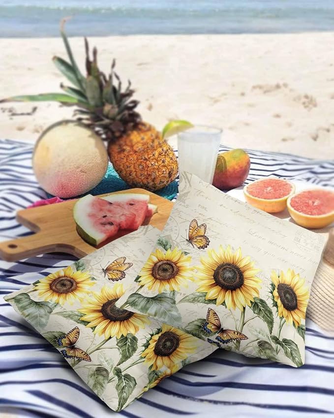 Sunflower Outdoor Waterproof Throw Pillow Covers 26"x26" Set of 2, Pastoral Style Sunflower Butterfly Decorative Garden Pillowcase with Zipper Retro Farmhouse Cushion Case for Patio Couch Tent