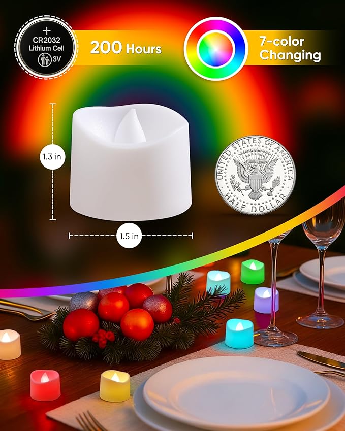 Raycare 7-Color Changing Battery Operated Tea Lights, 200+Hour Electric Flameless Candles, Realistic Votive LED Tea Lights for Wedding Party Halloween Thanksgiving Christmas Decorations Pack of 12