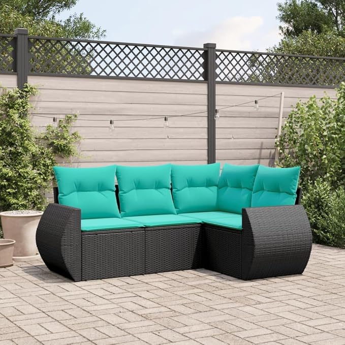 4 Piece Patio Sofa Set with Cushions, Patio Conversation Set Outdoor Dining Sets Sectional Sofa Garden Lounge Set for Poolside Exhibition Piazza Garden Black Poly Rattan