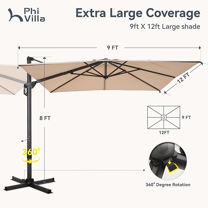 PHI VILLA 9'x 12' Cantilever Patio Umbrella with Crank Handle, 6-Level Tilt & 360° Rotation, Aluminum Square Outdoor Offset Umbrella Windproof & Crashproof for Garden, Deck, Pool (Beige)