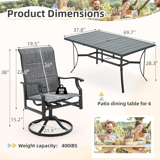 BUPPLEE Patio Dining Set for 6, 6 Piece Patio Swivel Chairs with 1 Piece Large Mental Rectangular Dining Table for Backyard Front Porch Pool Deck,Gray