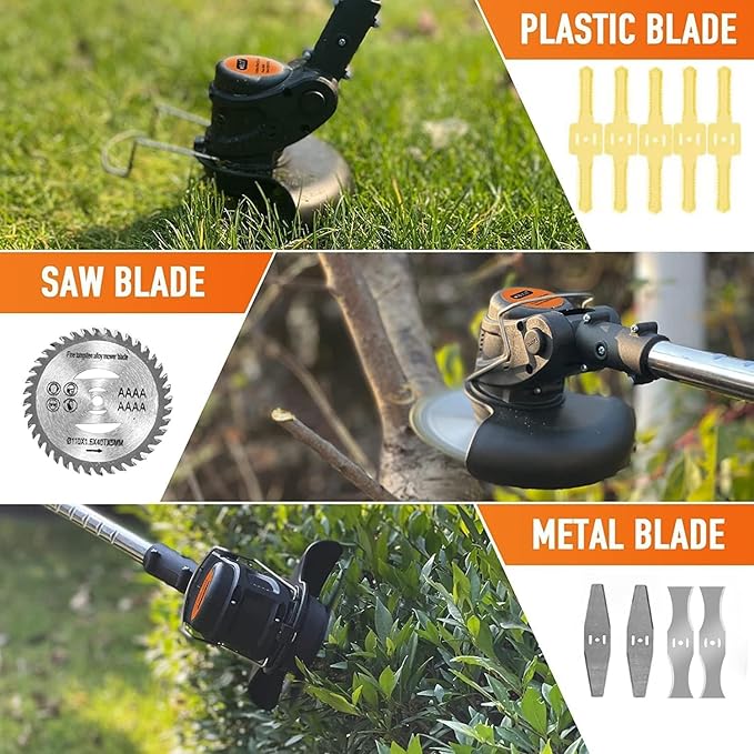 Electric Weed Wacker Cordless Weed Trimmer 21V Stringless Weed Wacker Lightweight 3-in-1 Grass Trimmer/Brush Cutter/Edger with 2pcs Batteries&Wheel, 4Types Blades, for Lawn, Garden & Yard