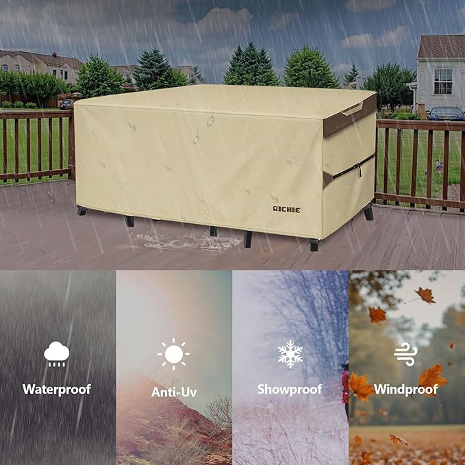 RICHIE Outdoor Patio Furniture Cover - Heavy Duty Waterproof 600D Tough Canvas Protector for Square Table Cover, All-Season Dining Table and Chair Cover (86L x 86W x 28H Inch)