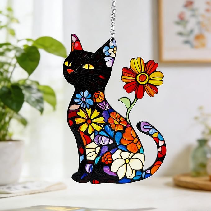Cat Stained Glass Suncatcher Window, Hanging Sun Catchers Indoor Window, Cat Lover Suncatcher for Mom/Women (Black)