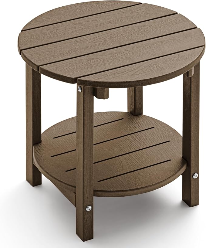 Outdoor Side Table, Adirondack Round 2-Tier Patio Table, Easy Maintenance & Weather Resistant, HDPE End Table for Backyard, Pool, Patio, Porch, Brown