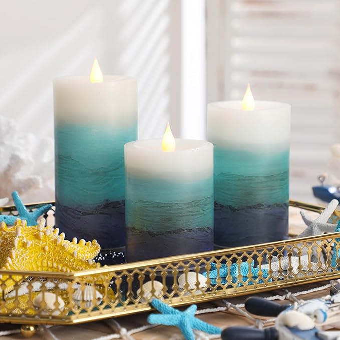 Baquler 3 Pcs Blue Teal Coastal Beach Pillar Candles Flameless LED Ocean Gradient Candles Battery Operated Decorative Flickering Candlestick for Wedding Home Seaside Nautical Party Decor