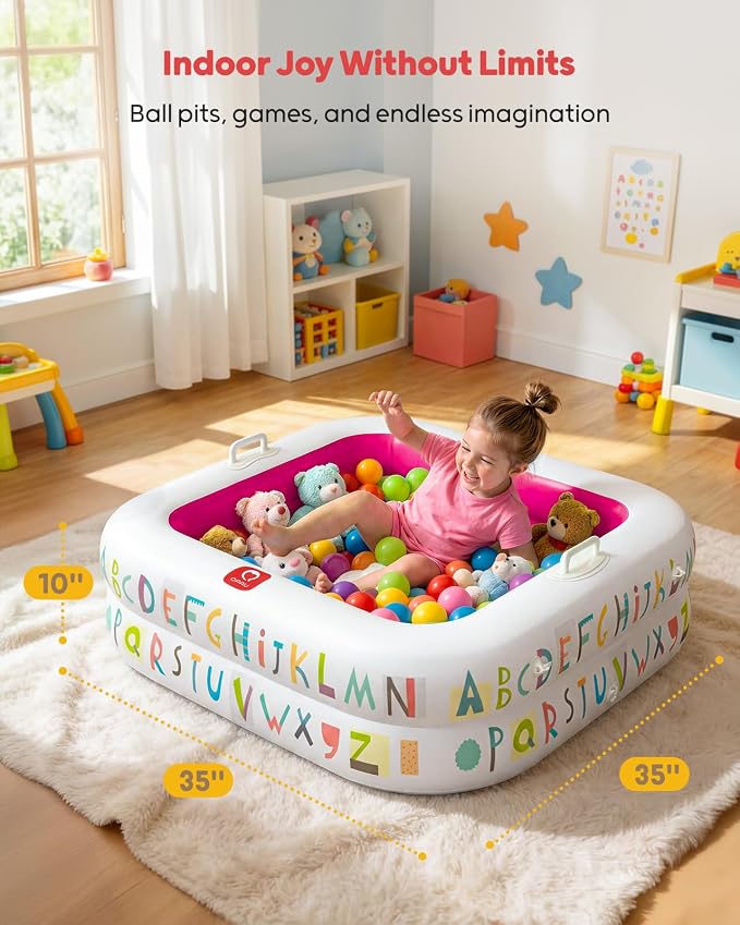QPAU Baby Pool with Detachable Canopy for Sun Protection, 35" x 10" Portable Inflatable Kids Pool with Padded Bottom, Kiddie Pool & Ball Pit with Handles for Backyard and Indoor, Ages 1-3 (Pink)