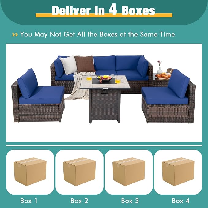 Tangkula 7 Piece Patio Furniture Set with Fire Pit Table, Patiojoy Outdoor PE Wicker Conversation Sectional Sofa Set with 30 Inches 50,000 BTU Propane Fire Pit Table, Waterproof PVC Cover (Navy)