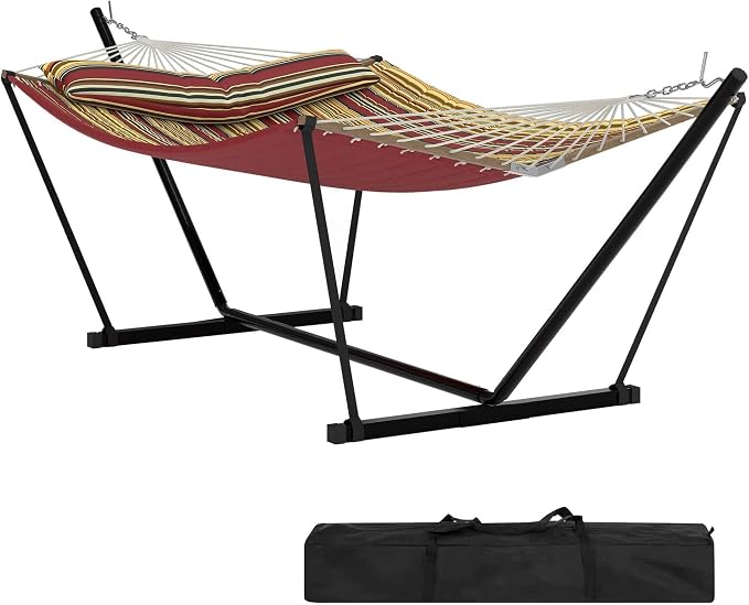 Heavy Duty Double Hammock with Stand – 2-Person Quilted Polyester, Adjustable Steel Frame, Pillow & Carry Bag, Weatherproof & Portable for Patio, Garden, Backyard, Beach – Burgundy Brown