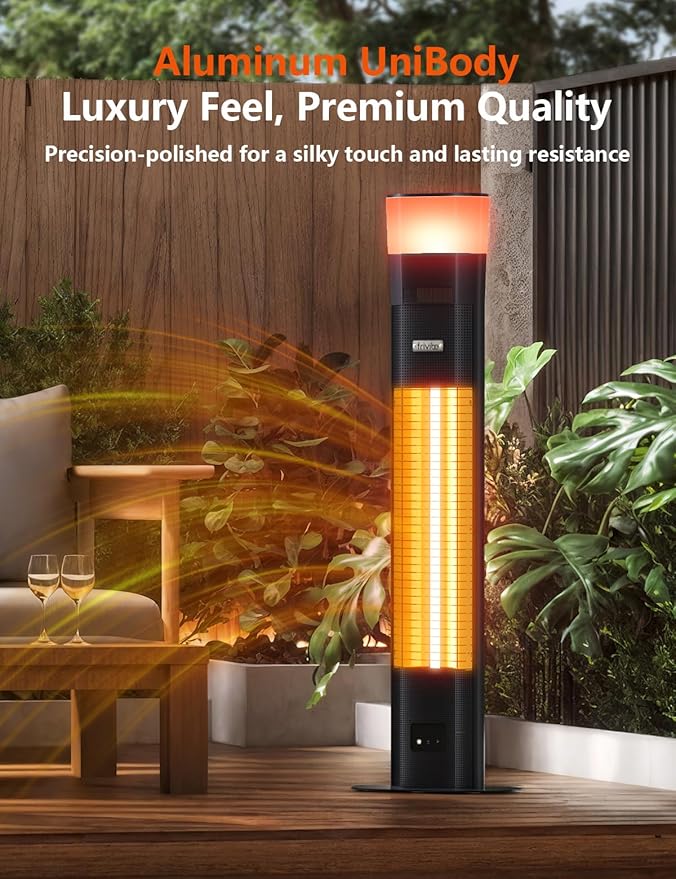 Outdoor Electric Patio Heater, 3-in-1 Heater with Audio Speaker & RGB Light, 1500W Infrared Tower Standing, 43-inch, IP65 Water & Snow Proof for Patio, Deck, Garage & Sunroom, Aluminum Unibody Design