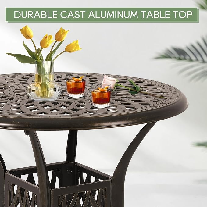 Patio Dining Table,Cast Aluminum Patio Table with Umbrella Hole, Outdoor Bistro Table for Backyard, Garden, Patio (31" Round Table)