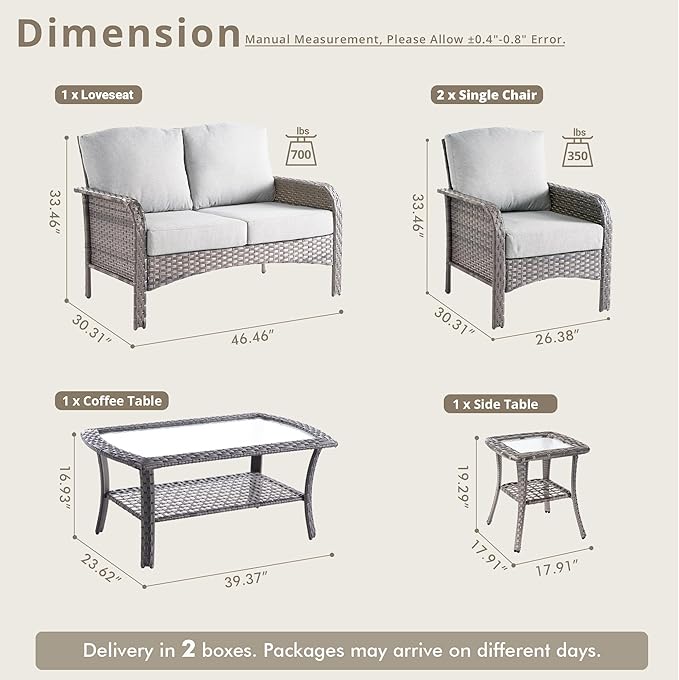 Weaxty Wicker Patio Furniture Set High Back Loveseat Sofa Couch Armchair Coffee Table, All Weather Rattan 4 Pieces Outdoor Conversation Sets for Patio Porch Deck Backyard Poolside, Gray