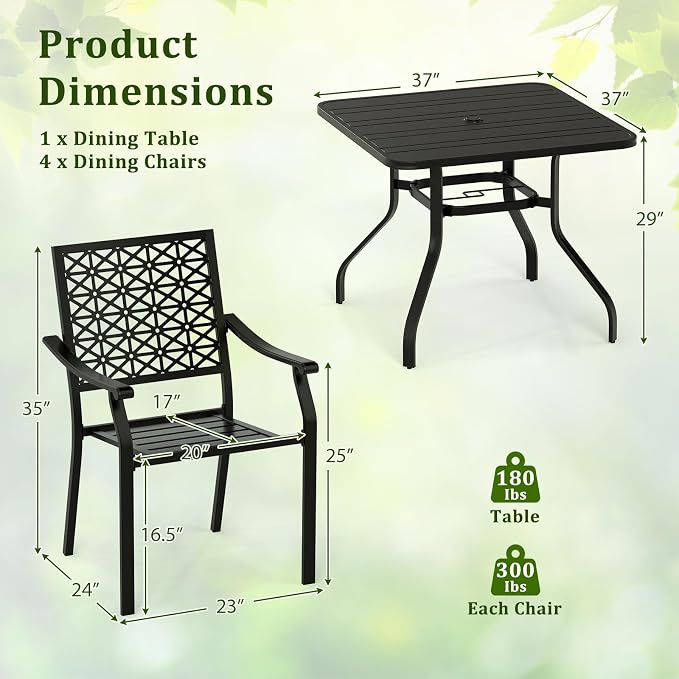 Tangkula 5 Pieces Metal Patio Dining Set, 37 Inches Square Dining Table with 4 Stackable Chairs, Slatted Table with Umbrella Hole, Outdoor Dining Furniture Set for Poolside, Deck, Backyard