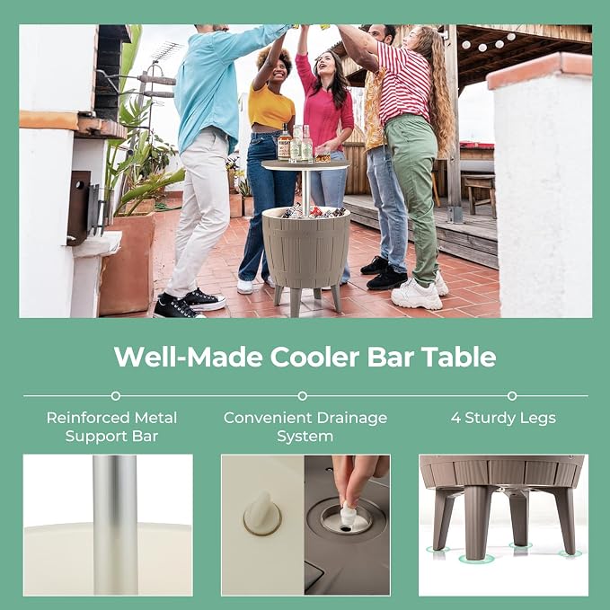 10 Gallon Cooler Table, Cool Bar Table with Height Adjustable Tabletop & Drainage Plug, 3-in-1 Cocktail Drinks & Wine, Outdoor Cooler Side Table for Backyard, Party, Poolside (Brown)