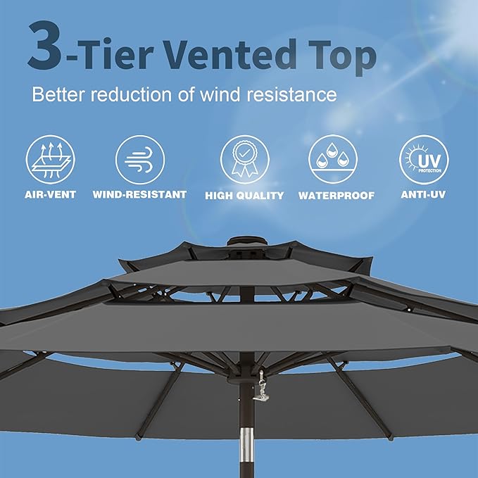PatioKingdom 9ft 3-Tier Patio Market Umbrella with Crank/Tilt, Commercial Heavy Duty Wind Proof,Outdoor Table Umbrella with 8 Fiberglass Ribs,UPF50+ for Deck,Pool,Garden,Backyard (Gray)