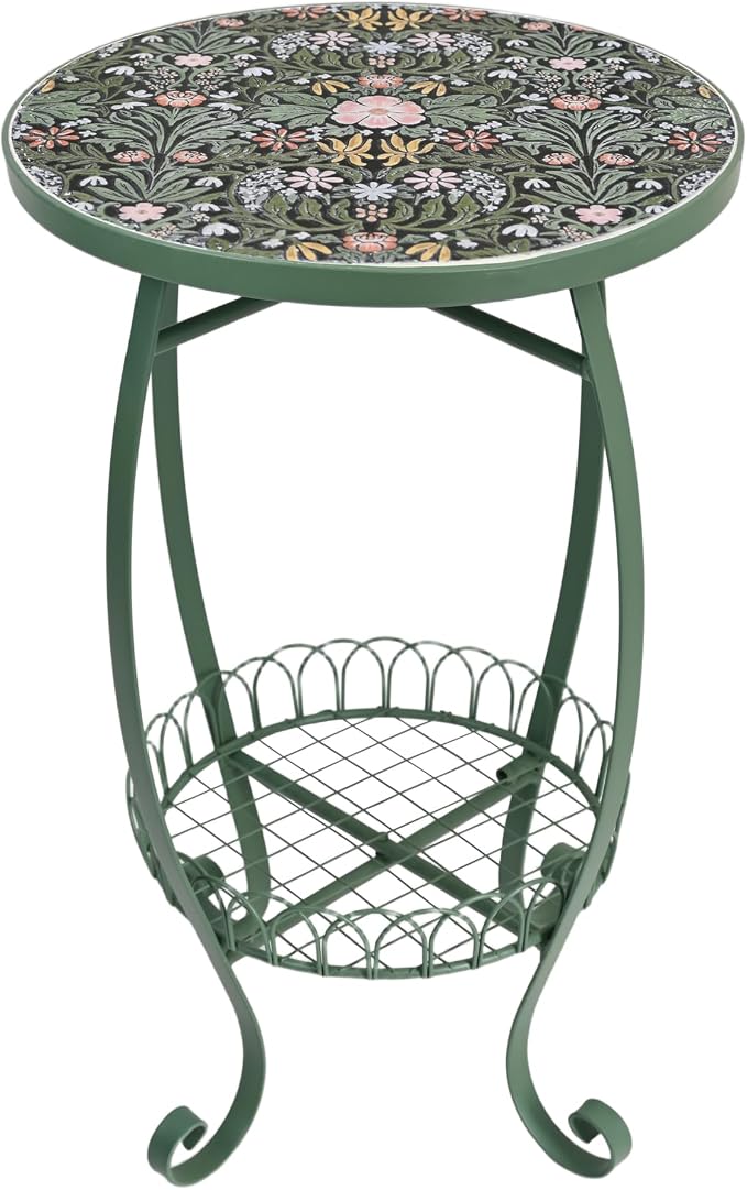 Vintage Floral Ceramic Top Side Table, 14" 2-Tier Green Metal End Table with Storage Basket, Indoor Outdoor Plant Stand for Living Room, Patio, Garden Decor