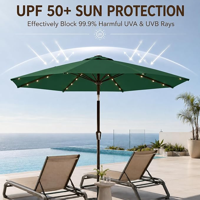 10FT Solar Lighted Patio Umbrella, Outdoor Table Market Umbrellas with Push Button Tilt and Crank, 32 LED Lights, 8 Sturdy Ribs, UV-Resistant for Deck, Garden, Pool