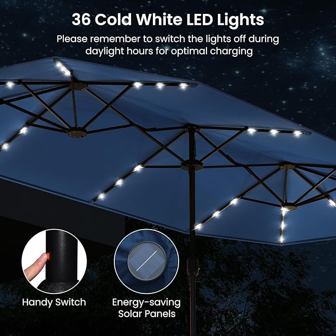 Tangkula 13FT Double-Sided Solar Patio Umbrella, Extra-Large Outdoor Twin Umbrella with 36 LED Lights, Vented Top, Crank Handle, 12 Ribs, Weighted Base Included for Backyard Poolside Deck (Navy)