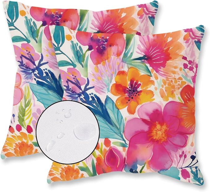 TAJWE Outdoor Pillow Covers 18x18 Inch Set of 2 White Floral Waterproof Throw Pillowcases Modern Farmhouse Decorative Square Cushion Cases for Patio Furniture Garden Bench Porch Decor