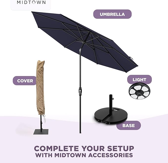 Midtown Umbrellas – The Swilt 8 Ft Patio Umbrellas with 360° Swivel & Tilt Mechanism, 8 Fiberglass Ribs & Terylast Polyester Fabric for Backyard, Deck, Pool & Cafes - Navy Canopy, Black Pole