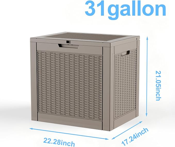 31 Gallon Deck Box, Lockable Waterproof Outdoor Storage Boxes For Garden Tools,Indoor Cushions,Accessories Outside Storage Resin Weatherproof Container(Grey)