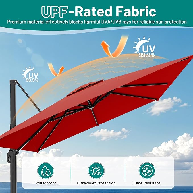 AreShark 9 X 9 FT Cantilever Patio Umbrella, 360-Degree Rotation Square Hanging Offset Umbrella with Crank, Heavy Duty Patio Umbrella for Patio, Pool, Garden, Deck, Red