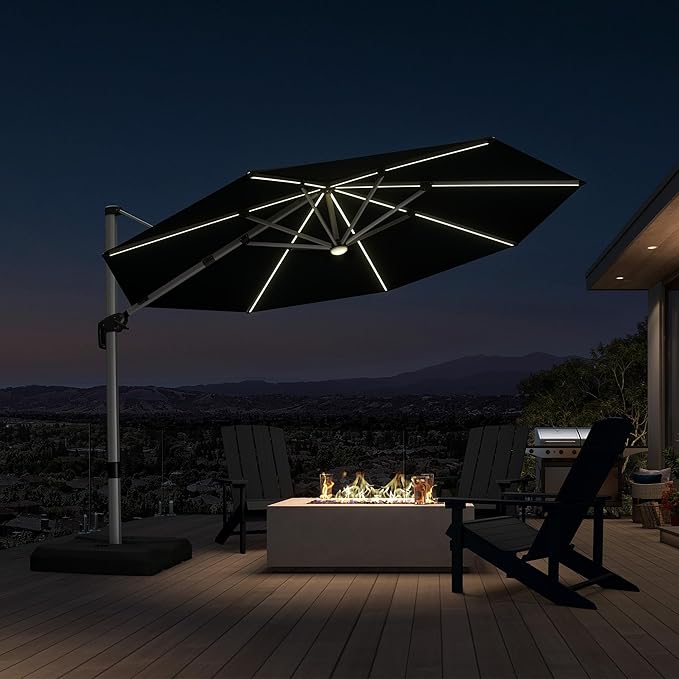 PURPLE LEAF 11ft Patio Umbrella with Lights Outdoor Round Cantilever Solar Powered LED Umbrella with 360-degree Rotation for Garden Deck Pool Patio, Black