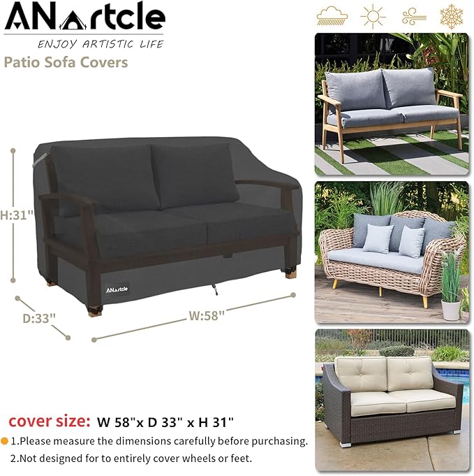 ANartcle 2-Seater Patio Loveseat Cover,58W x 32.5D x 31H Inches Outdoor Couch Cover,100% Waterproof Heavy Duty Patio Sofa Covers,Patio Furniture Covers,Black