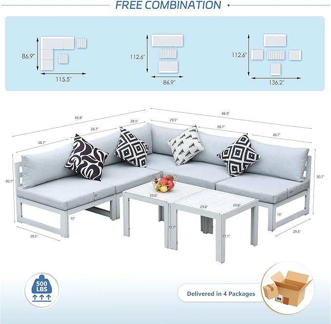 NICESOUL 7 Piece Oversized Modular Aluminum Outdoor Furniture Set, 29" Deep Wide Sectional Seating, 500 lbs High Weight Capacity Water Resistant Patio Conversation Set for Garden Terrace, Light Gray