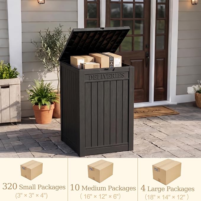 Outdoor Storage Box, 70 Gallon Package Delivery Boxes for Outside, with Lockable Secure, Deck Box Outdoor Waterproof for Entryway, Front Porch, Backyard, Garden, Patio, Lawn, Black