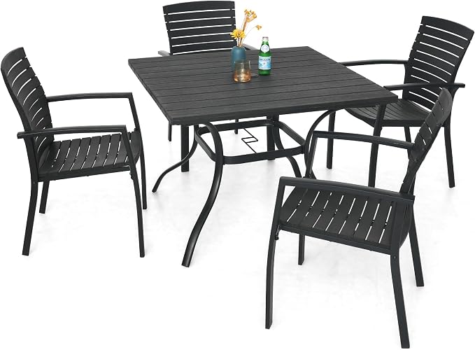 Anmutig Outdoor Dining Table with 1.6" Umbrella Hole, 37" Square Plastic Patio Table with Metal Steel Frame for Picnic, Garden, Poolside, Backyard, Black