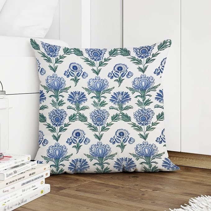 Mughal Flower Throw Pillow Covers Blue Lotus Floral Throw Pillow Cover Modern Outdoor Waterproof Decorative Pillow Cover for Patio Couch Sofa 20x20 in