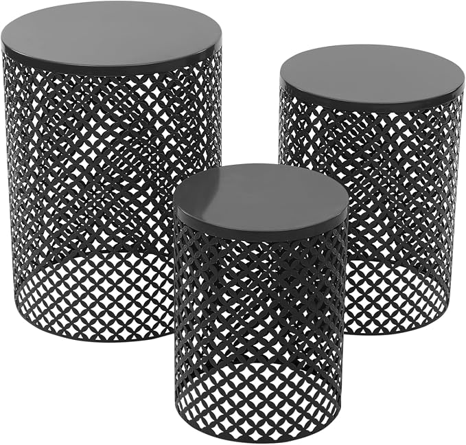 Outdoor Side Table, 3PCS Round Metal Frame Coffee End Tables, Modern Decorative Garden Stool, Multifunctional Nesting Side Table for Garden, Balcony, Cafe, Park, Pool Side (Black)