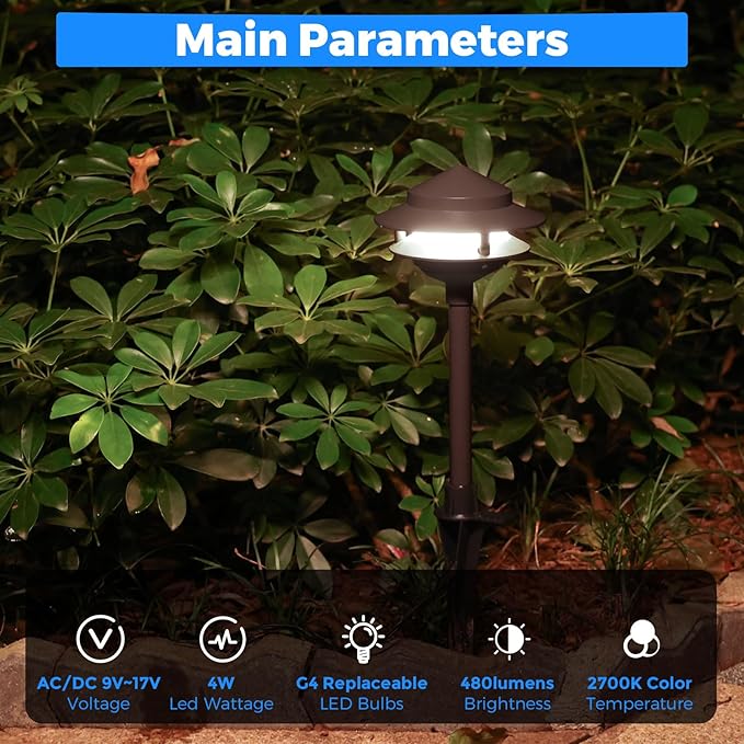 Gardencoin Pagoda Low Voltage Landscape Pathway Lights, 12V Outdoor LED Path Lights Wired, Aluminum Walkway Lighting with 4W 2700K Replaceable G4 Bulb, Bronze Classic 2-Tier Lantern, 6 Pack