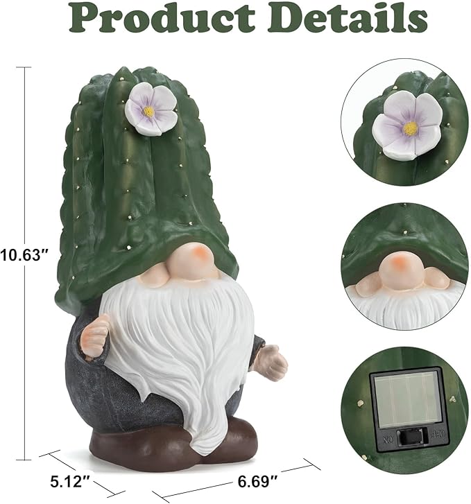 Etlemonde Solar Cactus Gnome Statue Garden Decor Light - Outdoor Decorative LED Flower, Suitable for Patio, Lawnand Garden Decorations, Gifts for Mom