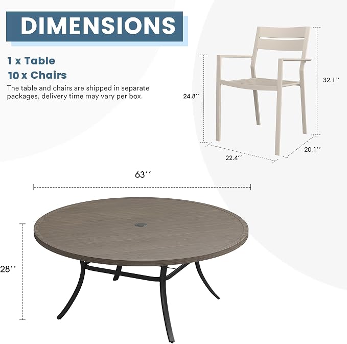 DIFY 11 Piece Outdoor Patio Dining Set for 10, Patio Table and Chairs Set with Umbrella Hole, 63" Round Dining Table and Stackable Metal Chairs for Backyard Garden Poolside, Grey Wood-Like & Sandshell