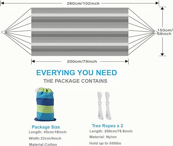 KNC Garden Fabric Camping Hammock with Tree Straps for Hanging Durable Hammock Up to 550lbs,2 Person , Portable Hammock with Travel Bag,Perfect for Camping OutdoorIndoor Patio Backyard, Blue