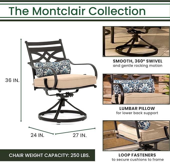 Hanover Montclair 3-Piece Patio Conversation Set, 2 Swivel Rocker Chairs with Comfortable Seat and Lumbar Cushions, 27" Square Stamped Rectangle Table, All-Weather Outdoor Bistro Set
