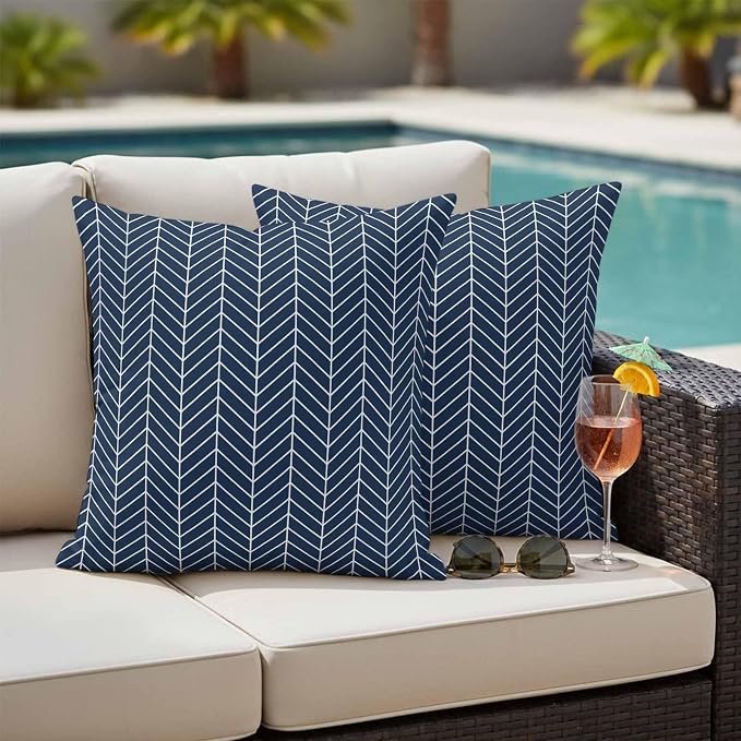 Outdoor Waterproof Throw Pillow Covers Set of 2 Navy Blue Chevron Stripes Pillowcases 26x26 Inches Modern Geometric Texture Decorative Pillows Cushion Case Patio Pillows for Couch Bed Chair Garden