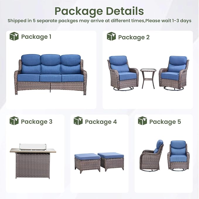 Luxury Patio Furniture Set with 6-inch Thick Cushion, Outdoor Furniture with Fire Pit Table, Swivel Chairs, Sofa, Side Table, Ottomans, 9pcs Wicker Conversation Set for Deck Yard and Poolside(Blue)