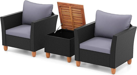 Tangkula 3 Pieces Patio Porch Furniture Set, PE Rattan Wicker Chair Conversation Set with Cushions and Storage Table, Outdoor Acacia Wood Bistro Set for Garden, Poolside (Grey)