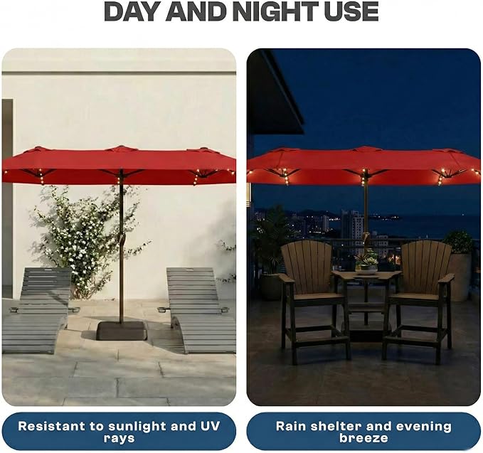 15FT Patio Umbrella with Solar Lights, Double-Sided Extra Large Outdoor Table Umbrella with Base Included, Heavy-Duty 12 Iron Ribs Market Umbrella for Garden, Pool, Backyard, Red