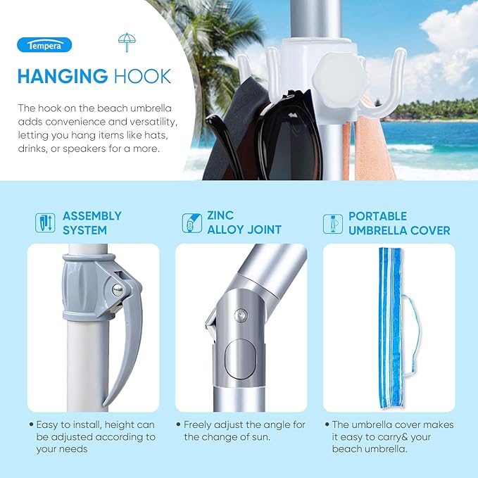 Tempera Heavy Duty High Wind Beach Umbrella with Sand Anchor & Carry Bag | Patio Outdoor Umbrella with Aluminum Frame and Push Button Tilt, Ideal for Travel Garden Lawn, UPF 60+