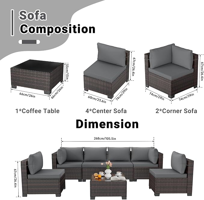 CHABATREE 7pcs Outdoor Patio Furniture Sets,Rattan Conversation Sectional Set,Manual Weaving Wicker Patio Sofa with Tea Table