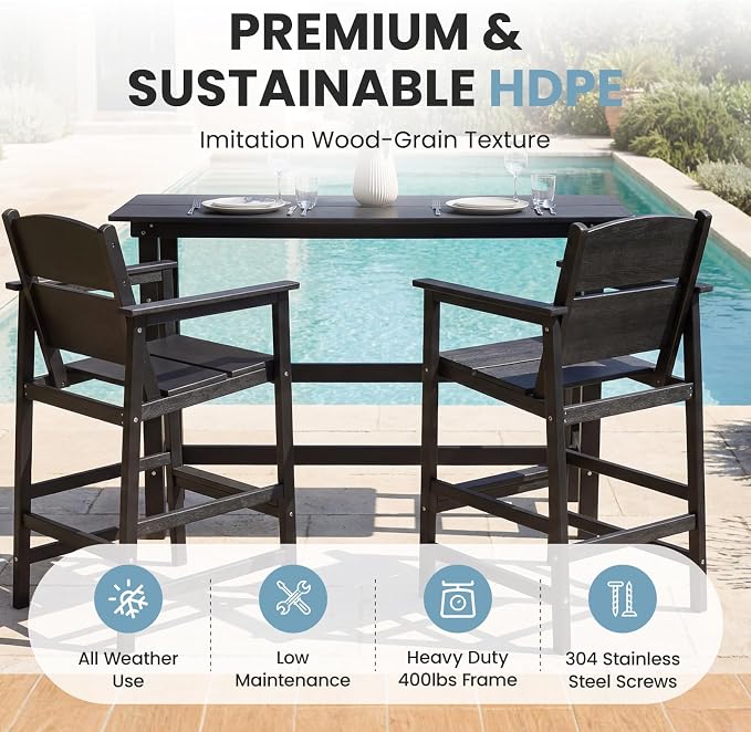 4 Pack HDPE Outdoor Bar Height Chairs, 28.5" All-Weather Patio Stools with Comfortable Armrests, Heavy-Duty Poly Wood High Top Seating for Outdoor Kitchen/Garden/Fire Pit/Backyard, Black
