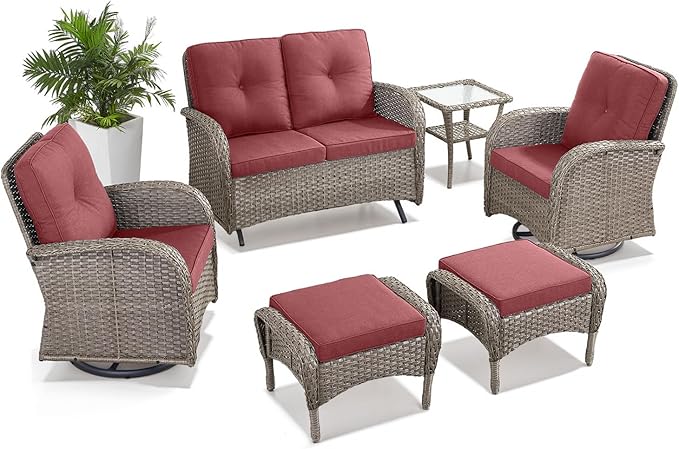 Belord 6 Pieces Wicker Patio Conversation Sets with Outdoor Swivel Rocker Chairs and Loveseat Glider Chair, All-Weather Rattan Furniture Set for Patio Deck Backyard Sunroom