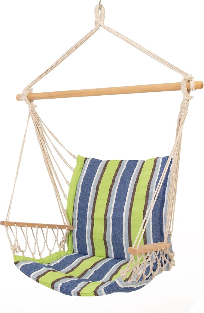 Castaway Living Hammock Chair, Hanging Rope Cushioned Swing with Quick Dry Fabric for Indoor & Outdoor Use - Blue and Green Stripe
